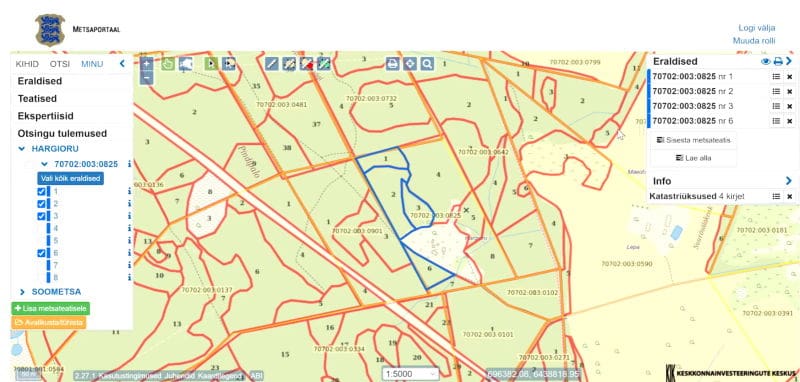 Metsateatise esitamine metsaregistris - vali välja eraldised
